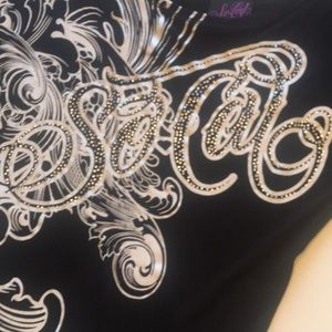 So CAL asymmetrical top, off 1 shoulder bling, swirl detail Stretch fabric.